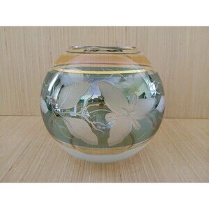 Round Floral Glass Bowl Vase Frosted Vintage Gold Trim Colorful Beautiful 6 inch